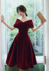 Wine Red Velvet Tea Length Off Shoulder Party Dress Homecoming Dress, Wine Red Bridesmaid Dress